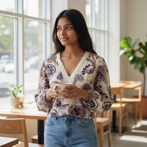 Band of the Free Cream/Purple Paisley Lilian Boho Crop Blouse S New